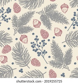 Christmas tree beach branches,pine cone ,red berries in seamless pattern background, Pine cone on branches with needles, can be used for textile. fabric.