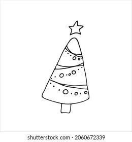 Christmas tree with beads. Doodle style. Vector symbol of Christmas winter. Spruce with a star. Drawing with a black outline isolated on a white background.