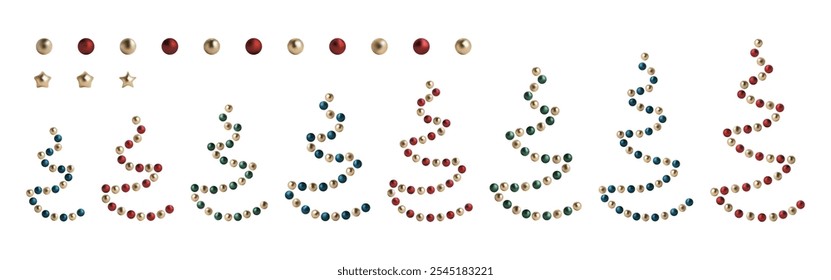 Christmas tree beads of gold, green and red glass balls. Shiny abstract fir tree ornament design. Blue metal happy new year decor. Happy noel isolated on white background. Marry light glossy sphere