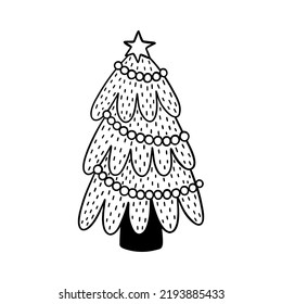 Weihnachtsbaum mit Perlen Vektorgrafik handgezeichnet Clipart im Doodle-Stil. Feiertagsdekorative Illustration für Einladungen und Grußkarten.