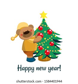 Christmas tree with bear on a white background. Happy new year. Cartoon vector illustration. - Vector