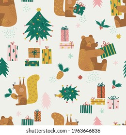  Christmas tree bear squirrel hedgehog decor objects vector seamless pattern. Xmas party vibes cute forest animals background. Seasonal winter holidays childish print design.