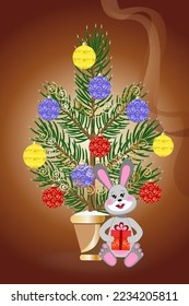 Christmas tree with beautiful Christmas balls and a cute rabbit with a gift in its paws. Vector illustration of a New Year card.