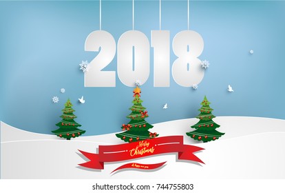 Christmas tree with beautiful lamp decoration. design paper art and crafts