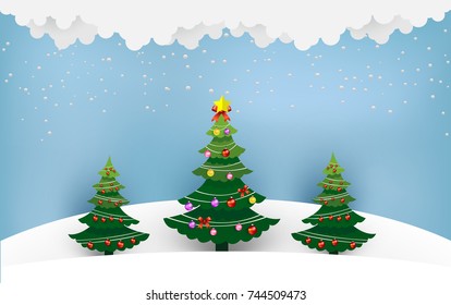 Christmas tree with beautiful lamps decorate the tree. there are red ribbon and christmas tree. design paper art and crafts