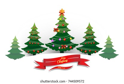 Christmas tree with beautiful lamps decorate the tree. there are red ribbon and christmas tree. design paper art and crafts