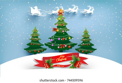 Christmas tree with beautiful lamps decorate the tree. there are red ribbon and christmas tree. design paper art and crafts