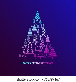 Christmas tree from beautiful new year trees pattern for greeting card Happy New Year Christmas. Vector illustration