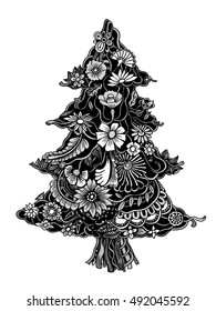 Christmas Tree of beautiful painted flowers. Floral fir-tree, hand drawn zentangle. Monochrome Vector illustration. Use for cards, invitation, wallpapers, pattern fills, web pages elements and etc.