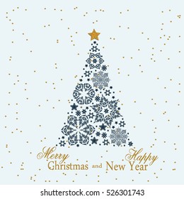Christmas tree from beautiful snowflakes pattern for greeting card Happy New Year Christmas. Gold stars as decoration. Vector illustration