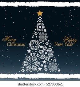 Christmas tree from beautiful snowflakes pattern for greeting card Happy New Year Christmas. Gold stars as decoration. Vector illustration