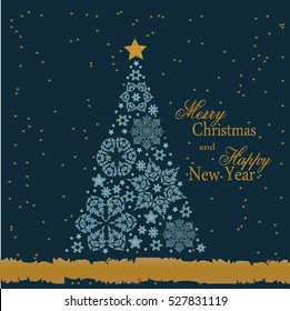 Christmas tree from beautiful snowflakes pattern for greeting card Happy New Year Christmas. Gold stars as decoration. Vector illustration