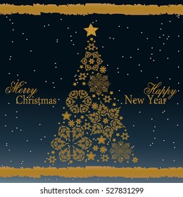 Christmas tree from beautiful snowflakes pattern for greeting card Happy New Year Christmas. Gold stars as decoration. Vector illustration