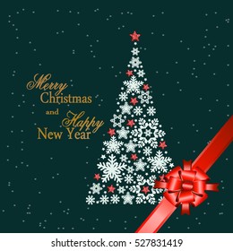 Christmas tree from beautiful snowflakes pattern for greeting card Happy New Year Christmas. Gold stars as decoration. Vector illustration