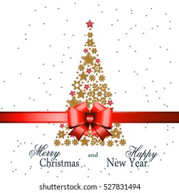 Christmas tree from beautiful snowflakes pattern for greeting card Happy New Year Christmas. Gold stars as decoration. Vector illustration