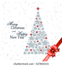 Christmas tree from beautiful snowflakes pattern for greeting card Happy New Year Christmas. Gold stars as decoration. Vector illustration
