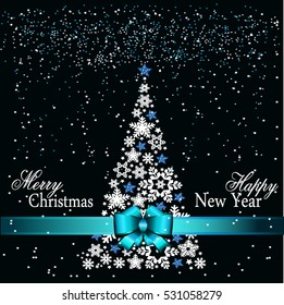 Christmas tree from beautiful snowflakes pattern for greeting card Happy New Year Christmas. Gold stars as decoration.Red festive ribbon with a bow. Vector illustration