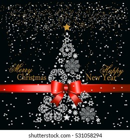 Christmas tree from beautiful snowflakes pattern for greeting card Happy New Year Christmas. Gold stars as decoration.Red festive ribbon with a bow. Vector illustration