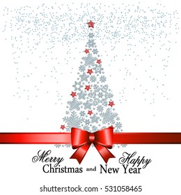 Christmas tree from beautiful snowflakes pattern for greeting card Happy New Year Christmas. Gold stars as decoration.Red festive ribbon with a bow. Vector illustration
