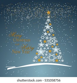 Christmas tree from beautiful snowflakes pattern for greeting card Happy New Year Christmas. Gold stars as decoration. Vector illustration