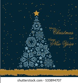 Christmas tree from beautiful snowflakes pattern for greeting card Happy New Year Christmas. Gold stars as decoration. Vector illustration