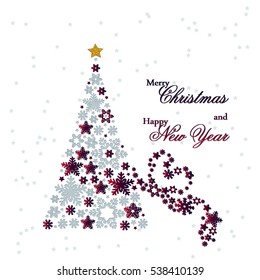 Christmas tree from beautiful snowflakes pattern for greeting card Happy New Year Christmas. Gold stars as decoration. Vector illustration