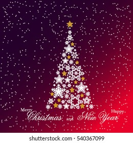 Christmas tree from beautiful snowflakes pattern for greeting card Happy New Year Christmas. Gold stars as decoration. Vector illustration
