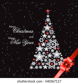 Christmas tree from beautiful snowflakes pattern for greeting card Happy New Year Christmas. Gold stars as decoration.Red festive ribbon with a bow. Vector illustration
