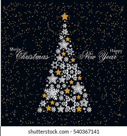 Christmas tree from beautiful snowflakes pattern for greeting card Happy New Year Christmas. Gold stars as decoration. Vector illustration