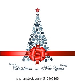 Christmas tree from beautiful snowflakes pattern for greeting card Happy New Year Christmas. Gold stars as decoration.Red festive ribbon with a bow. Vector illustration