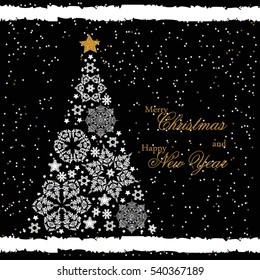 Christmas tree from beautiful snowflakes pattern for greeting card Happy New Year Christmas. Gold stars as decoration. Vector illustration