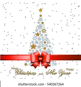 Christmas tree from beautiful snowflakes pattern for greeting card Happy New Year Christmas. Gold stars as decoration.Red festive ribbon with a bow. Vector illustration