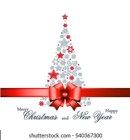 Christmas tree from beautiful snowflakes pattern for greeting card Happy New Year Christmas. Gold stars as decoration.Red festive ribbon with a bow. Vector illustration