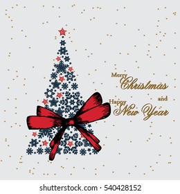 Christmas tree from beautiful snowflakes pattern for greeting card Happy New Year Christmas. Gold stars as decoration.Red festive ribbon with a bow. Vector illustration