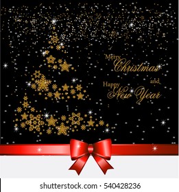 Christmas tree from beautiful snowflakes pattern for greeting card Happy New Year Christmas. Gold stars as decoration.Red festive ribbon with a bow. Vector illustration