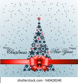 Christmas tree from beautiful snowflakes pattern for greeting card Happy New Year Christmas. Gold stars as decoration.Red festive ribbon with a bow. Vector illustration