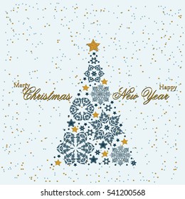 Christmas tree from beautiful snowflakes pattern for greeting card Happy New Year Christmas. Gold stars as decoration. Vector illustration