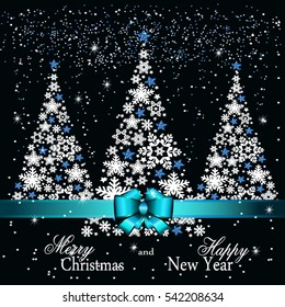 Christmas tree from beautiful snowflakes pattern for greeting card Happy New Year Christmas. Gold stars as decoration.festive ribbon with a bow. Vector  illustration
