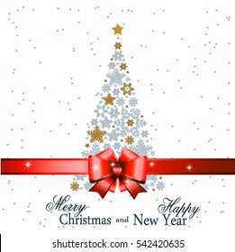 Christmas tree from beautiful snowflakes pattern for greeting card Happy New Year Christmas. Gold stars as decoration. festive ribbon with a bow. Vector illustration