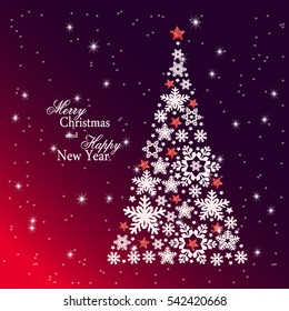 Christmas tree from beautiful snowflakes pattern for greeting card Happy New Year Christmas. Gold stars as decoration. Vector illustration