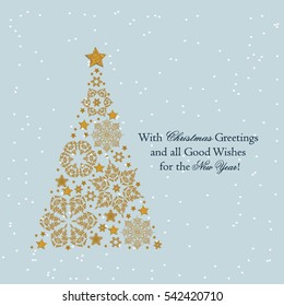 Christmas tree from beautiful snowflakes pattern for greeting card Happy New Year Christmas. Gold stars as decoration. Vector illustration