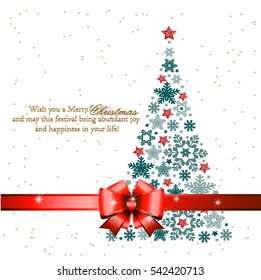 Christmas tree from beautiful snowflakes pattern for greeting card Happy New Year Christmas. Gold stars as decoration. festive ribbon with a bow. Vector illustration