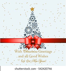 Christmas tree from beautiful snowflakes pattern for greeting card Happy New Year Christmas. Gold stars as decoration. festive ribbon with a bow. Vector illustration
