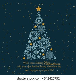 Christmas tree from beautiful snowflakes pattern for greeting card Happy New Year Christmas. Gold stars as decoration. Vector illustration