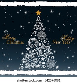 Christmas tree from beautiful snowflakes pattern for greeting card Happy New Year Christmas. Gold stars as decoration. Vector illustration