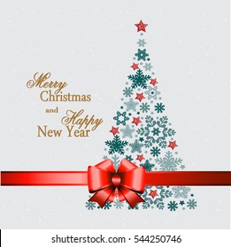 Christmas tree from beautiful snowflakes pattern for greeting card Happy New Year Christmas. Gold stars as decoration.Red festive ribbon with a bow. Vector illustration