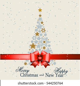 Christmas tree from beautiful snowflakes pattern for greeting card Happy New Year Christmas. Gold stars as decoration.Red festive ribbon with a bow. Vector illustration