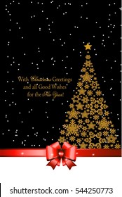 Christmas tree from beautiful snowflakes pattern for greeting card Happy New Year Christmas. Gold stars as decoration.Red festive ribbon with a bow. Vector illustration
