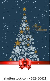 Christmas tree from beautiful snowflakes pattern for greeting card Happy New Year Christmas. Gold stars as decoration. Vector illustration.