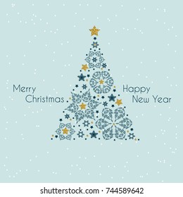 Christmas tree from beautiful snowflakes pattern for greeting card 2018 Happy New Year and Christmas. Red festive ribbon with a bow. Gold stars as decoration.Vector illustration